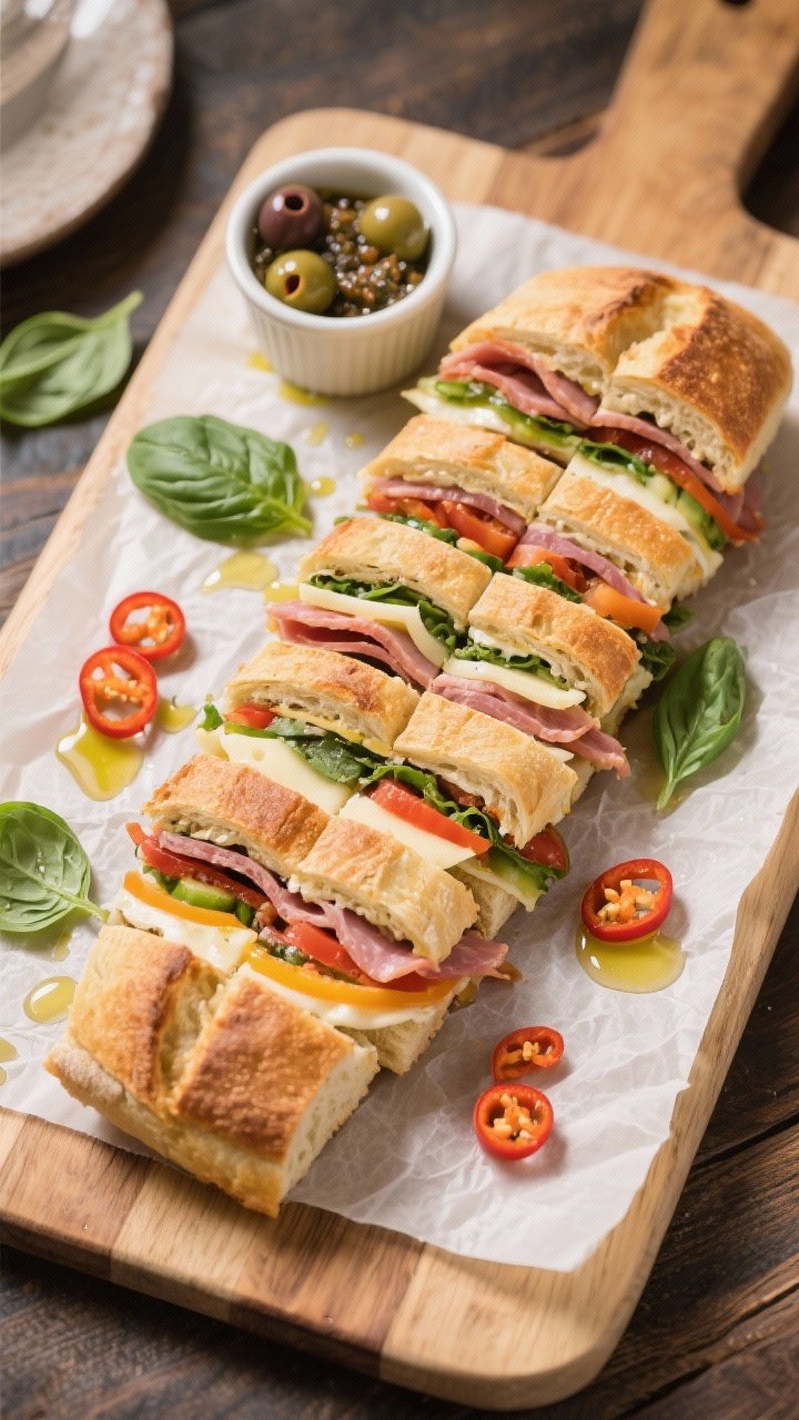 Tasty top view: Overhead shot of the unwrapped, fully pressed Italian sandwich sliced into neat rect