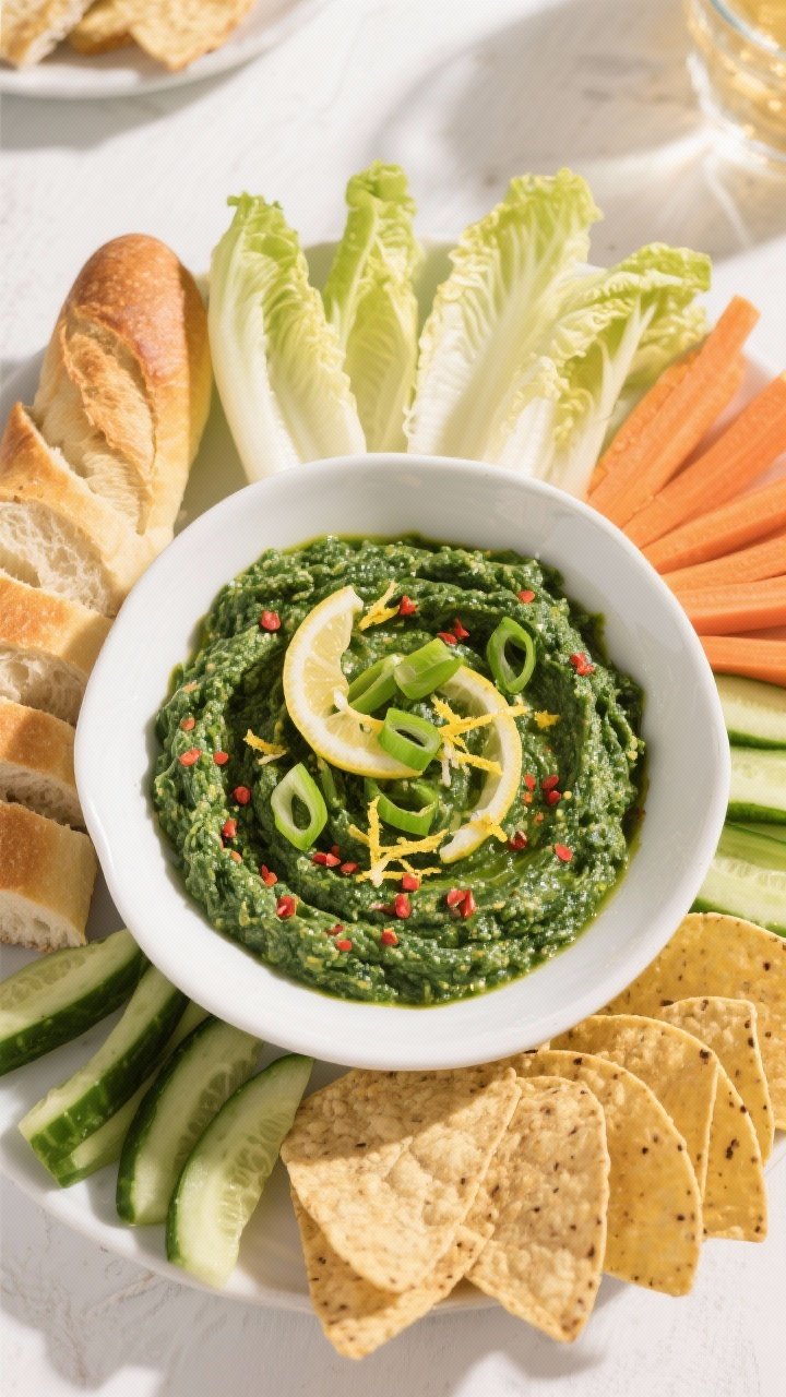 Tasty top view: overhead shot of the vegan spinach dip served for a party—dip in a low, wide white