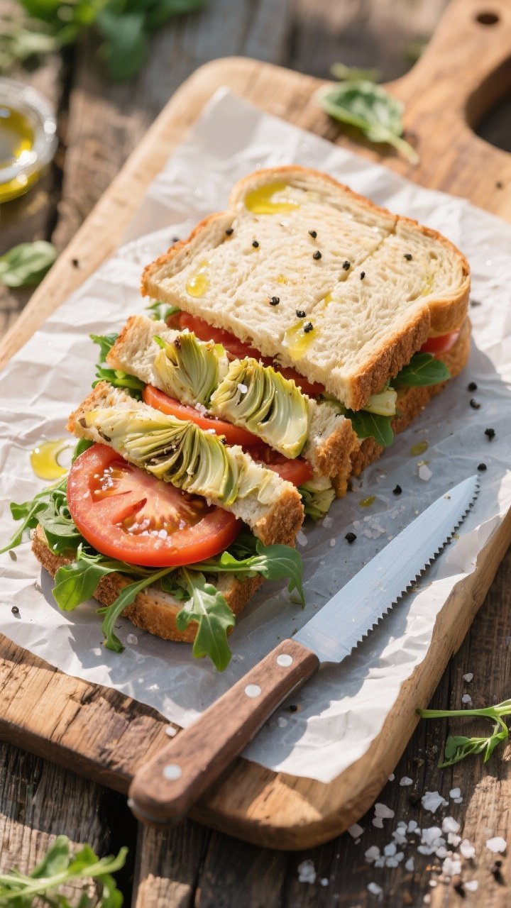 Tasty top view: Overhead shot of the whole picnic sandwich after pressing, sliced into neat wedges w
