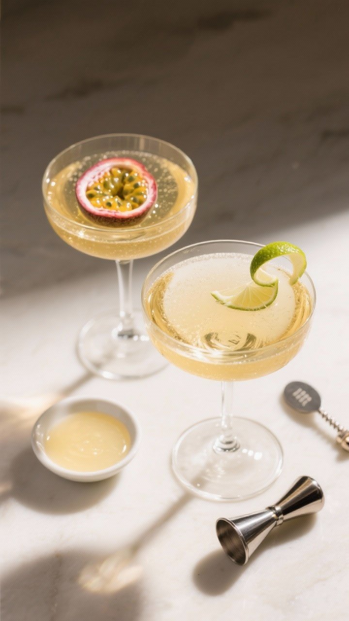 Tasty top view: Overhead shot of two coupes filled with Passion Fruit Champagne, pale gold with a su