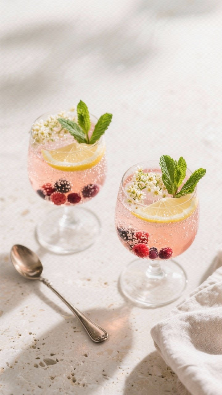 Tasty top view: Overhead shot of two finished Elderflower Spritzes on a light stone surface, pale sa