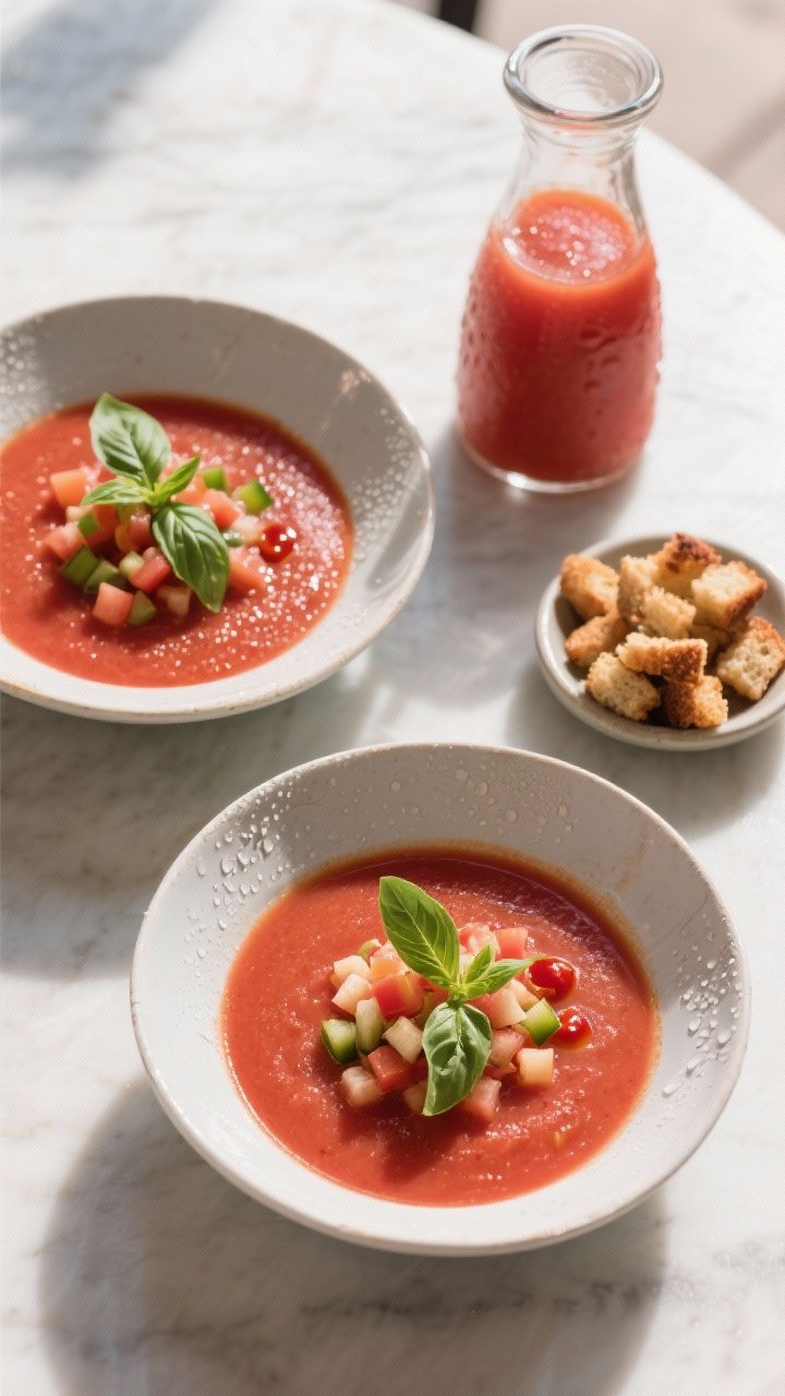 Tasty top view: Overhead tablescape of chilled gazpacho served for a light lunch—two shallow bowls