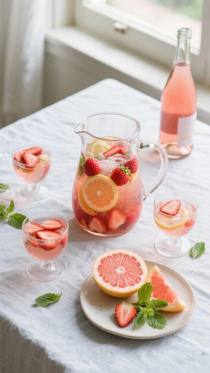 Tasty top view: Overhead tablescape of the finished strawberry sangria for sharing—full pitcher an