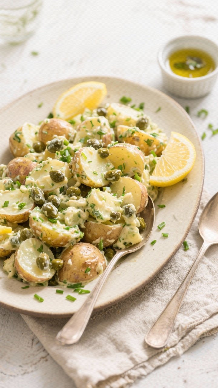 Tasty top view: Picnic-ready top-down shot of the finished potato salad in a shallow serving platter