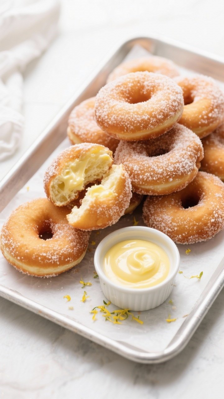 Tasty top view: Top-down composition of a small platter piled with sugar-dusted doughnuts, one cut i