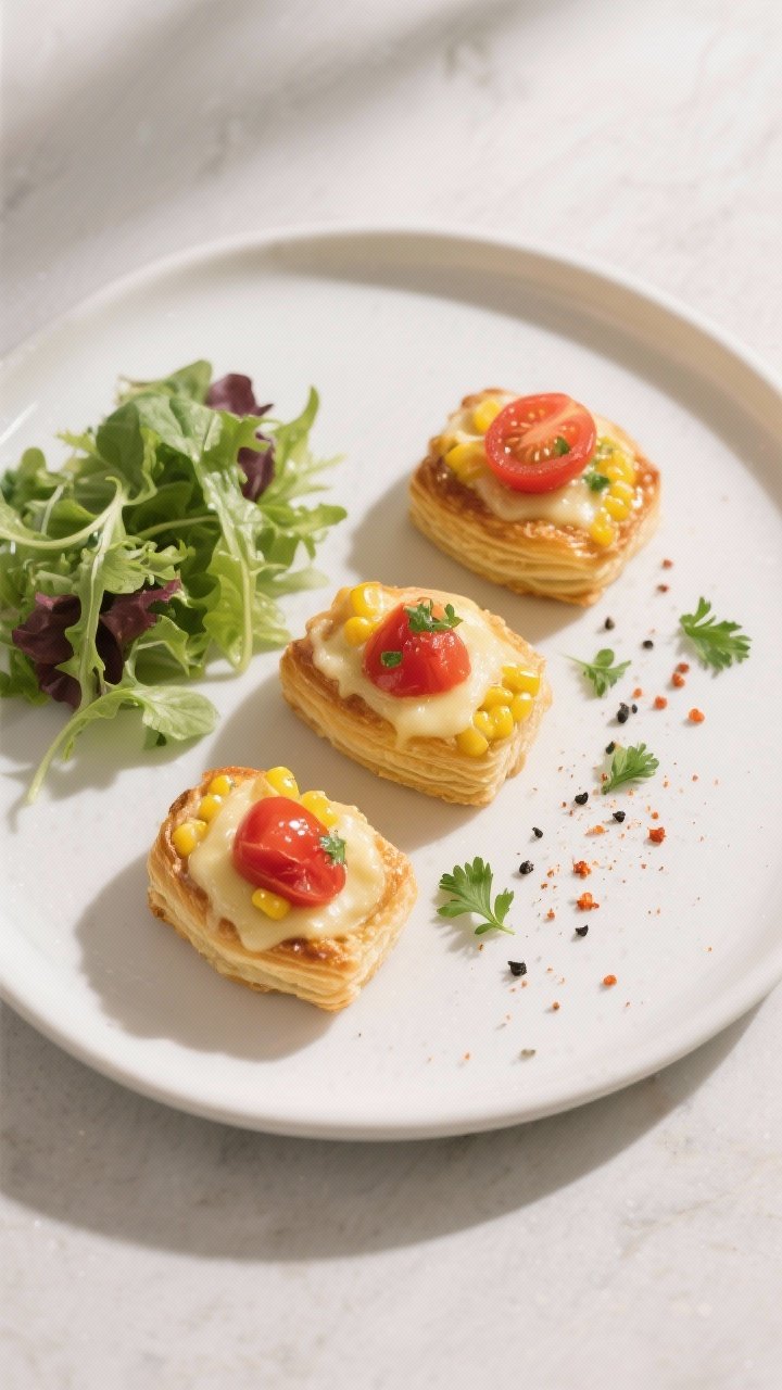 Tasty top view: Top-down shot of a light lunch plate featuring three pastry bites with visible golde