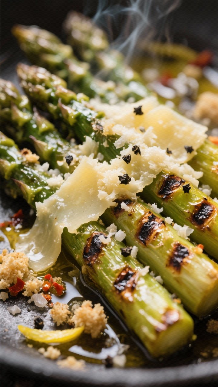 Variation/detail texture shot: Close-up of grilled asparagus finished “cheesy” style, hot spears