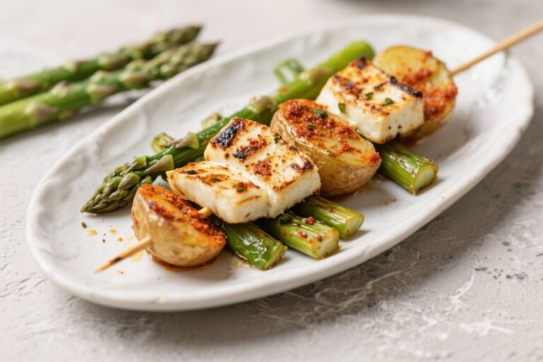 Harissa Potato, Halloumi, and Asparagus Kebabs – Smoky, Spicy, and Satisfying