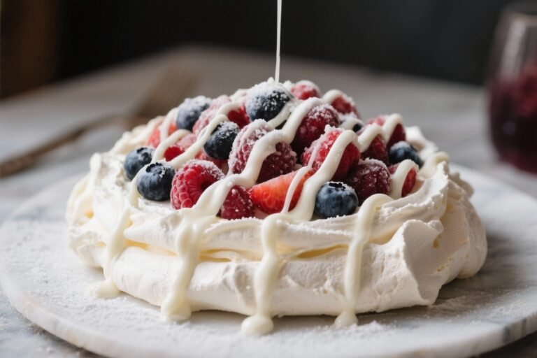 Frozen Berry Pavlova With White Chocolate Drizzle – A Light, Crisp, and Creamy Treat