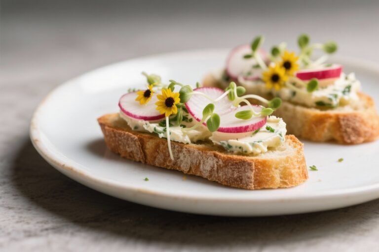 Radish & Herb Butter Crostini Garnished With Sunflower Sprouts – Fresh, Crunchy, and Bright