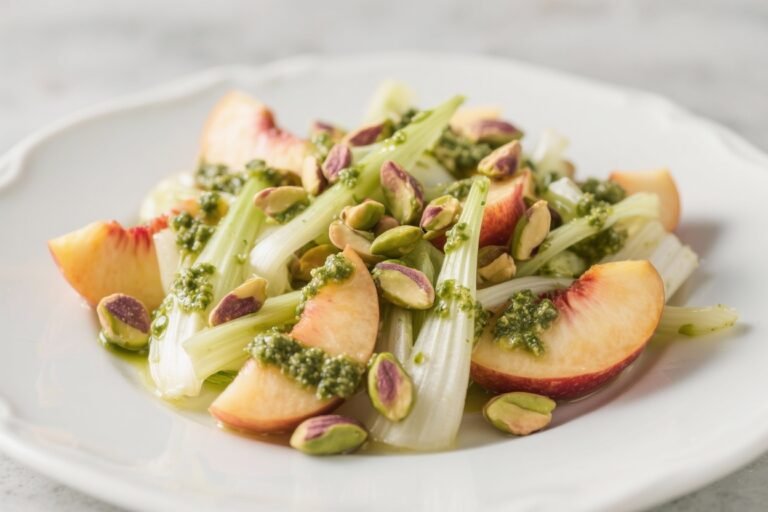 Fennel and Peach Salad With Pistachios and Pesto – Fresh, Crunchy, and Bright