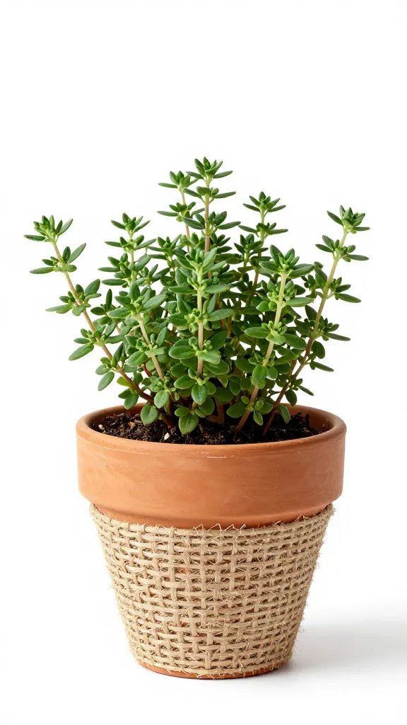 single thyme plant in twine-wrapped clay pot