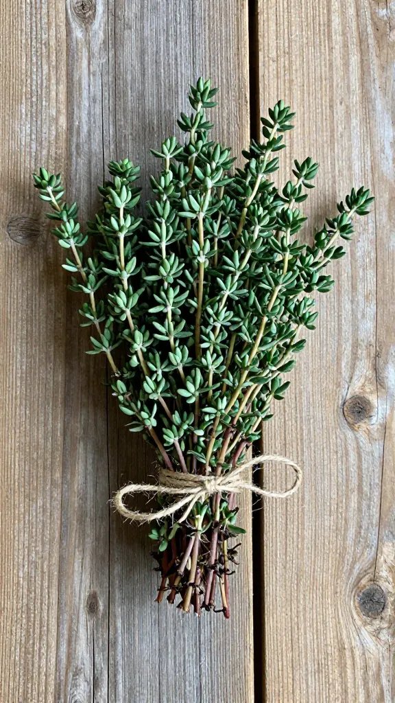 thyme bundle with twine on rustic table plank