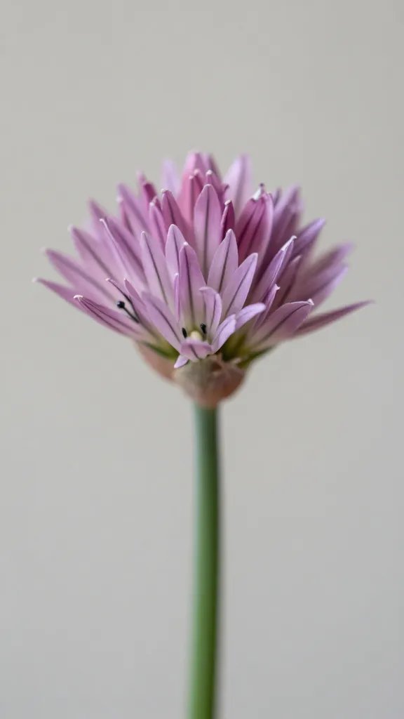 closeup chive blossoms against neutral linen backdrop