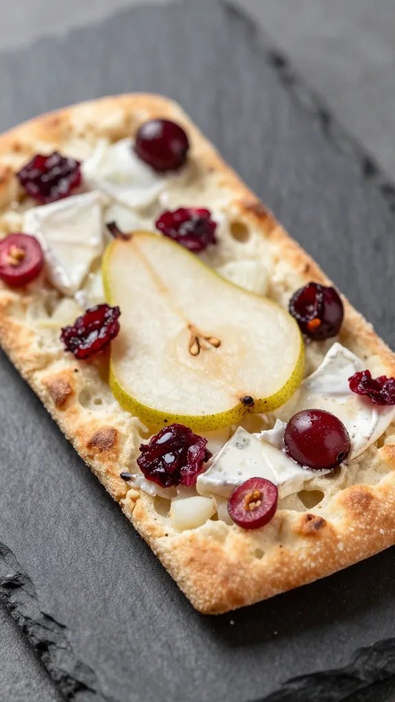 Closeup of pear-brie-cranberry flatbread slice on slate