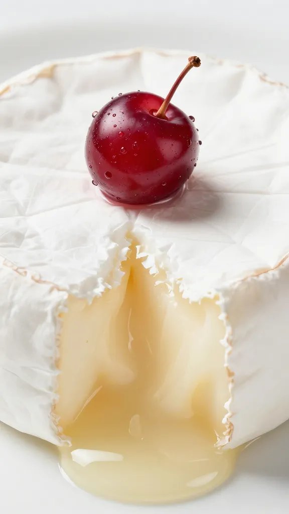 Single cranberry jewel on melted brie, macro