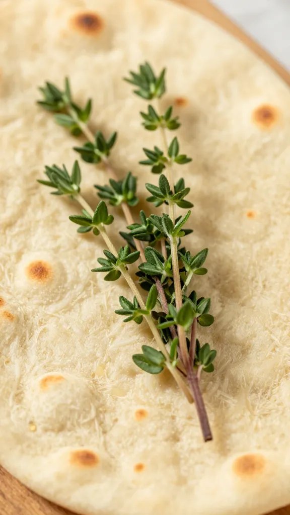 Fresh thyme sprig on warm flatbread surface
