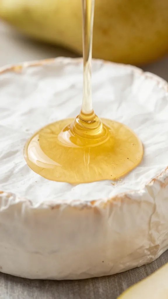 Drizzle of honey over pear-brie edge, closeup
