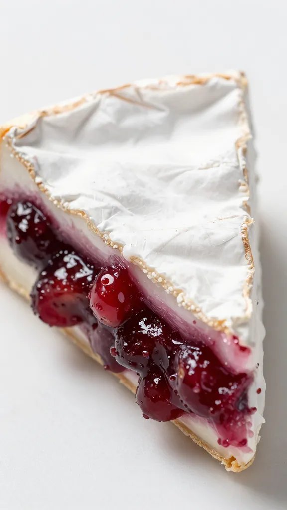 Brie wheel wedge with cranberry smear, closeup