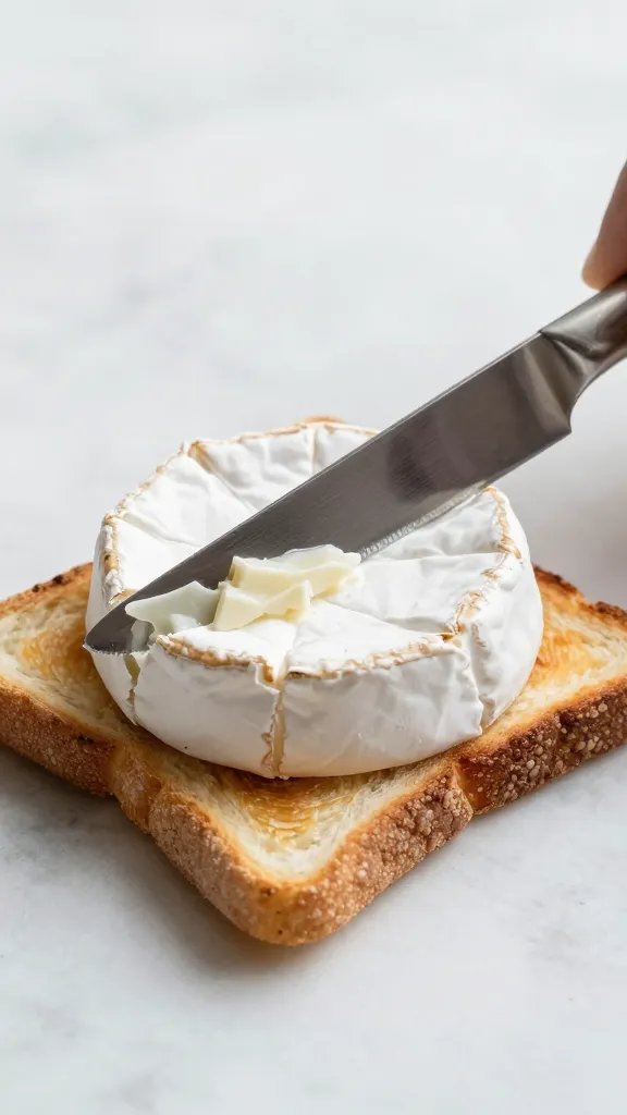 Knife spreading brie on toasted flatbread square