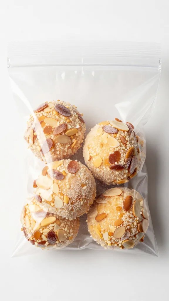 frozen almond-crusted brie bite in freezer bag