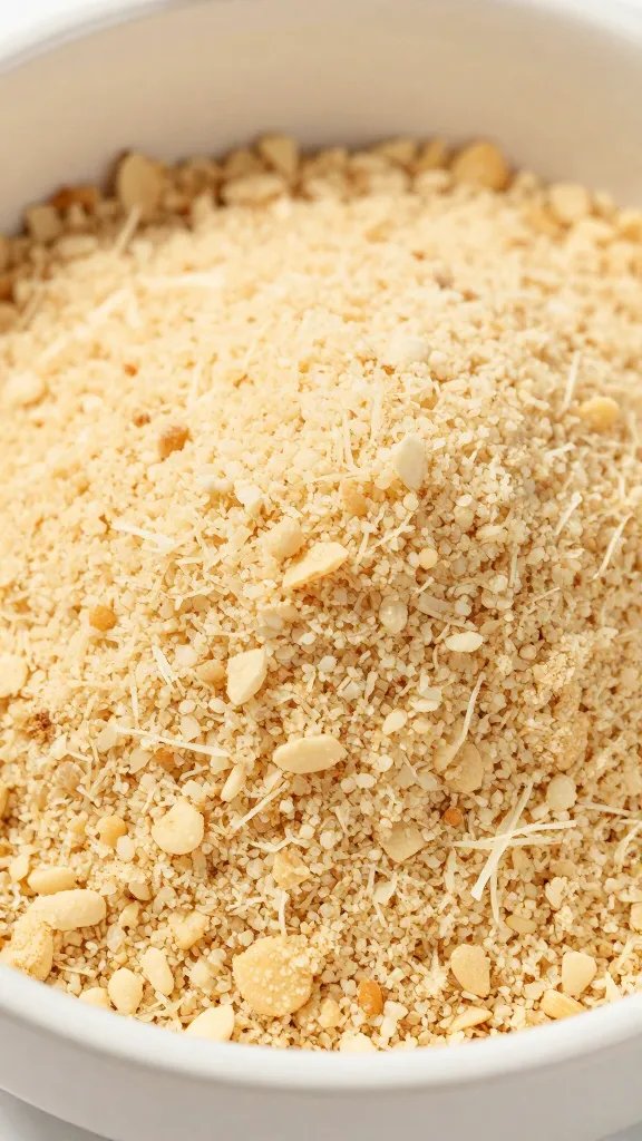 coarse almond panko coating in shallow bowl, closeup