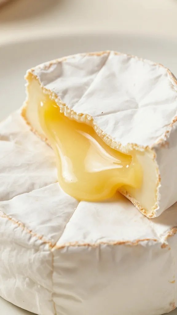 bite-open almond-brie showing melted center, macro