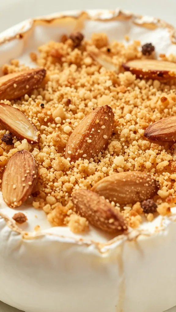 toasted almond crumb texture on baked brie, macro