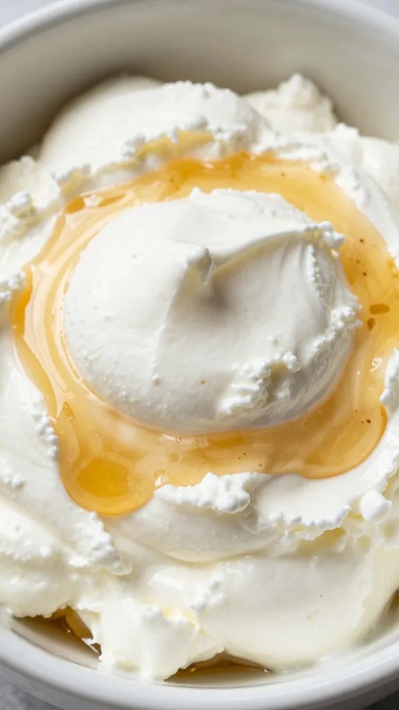 closeup bowl of honey whipped goat cheese with drizzle