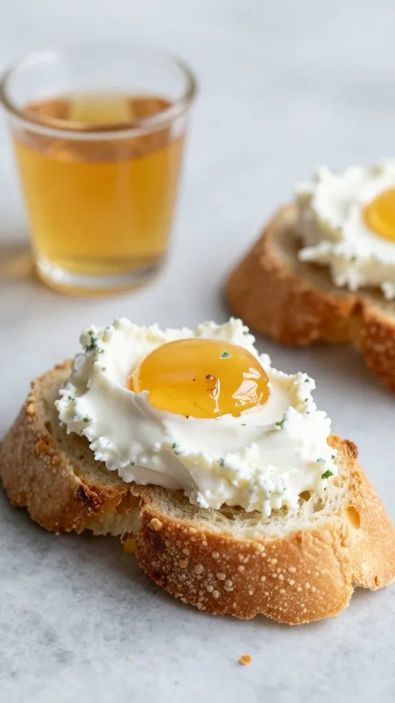 crostini topped with honey whipped goat cheese, macro shot