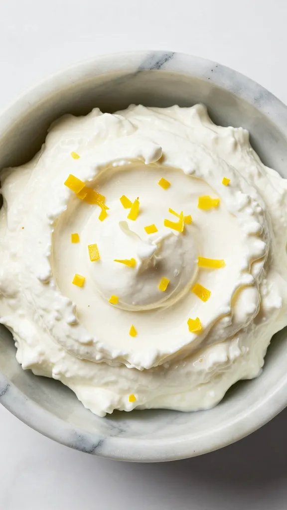 marble bowl of whipped goat cheese, tiny lemon zest