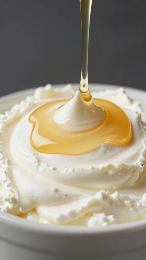 whisk coated in honey whipped goat cheese, studio closeup