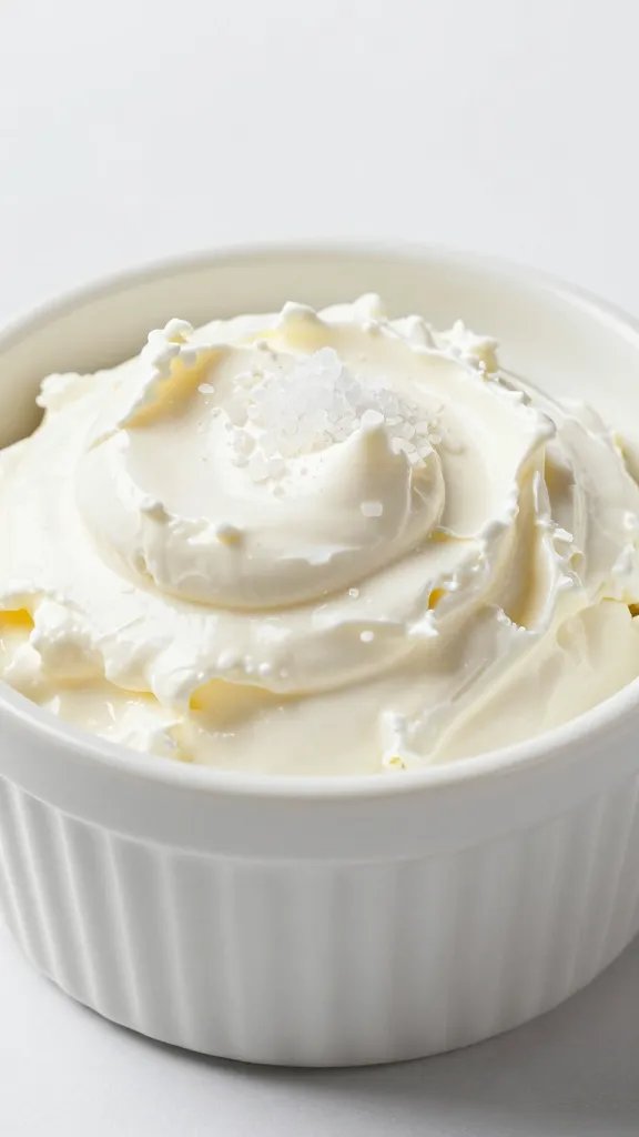 white ramekin of whipped goat cheese, pinch of sea salt