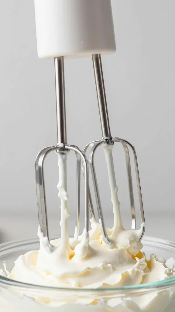 hand mixer beaters dripping whipped goat cheese, tight shot