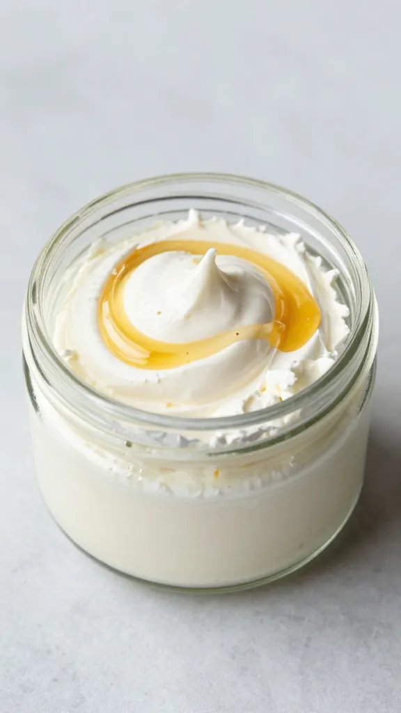 small glass jar of whipped goat cheese with honey swirls