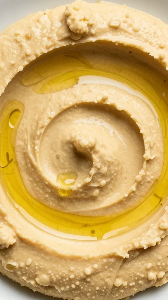 closeup of classic hummus swirl with olive oil drizzle