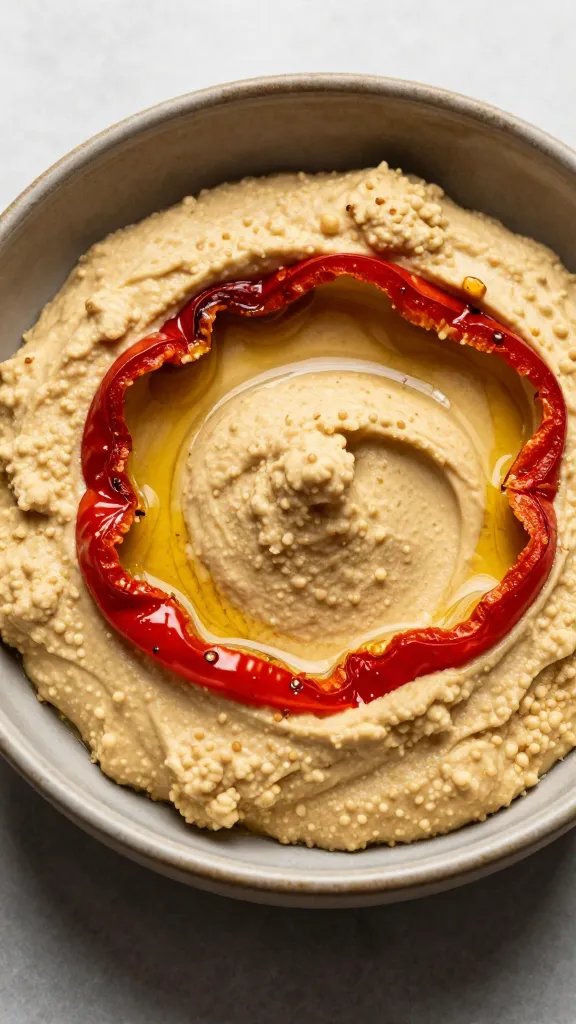 roasted red pepper hummus in rustic bowl