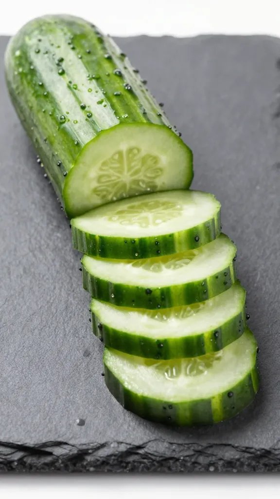 cucumber ribbon slices stacked on slate board