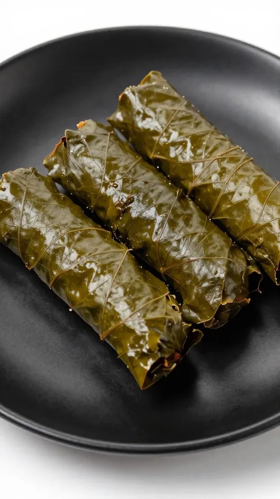 dolma grape leaf roll on matte black plate
