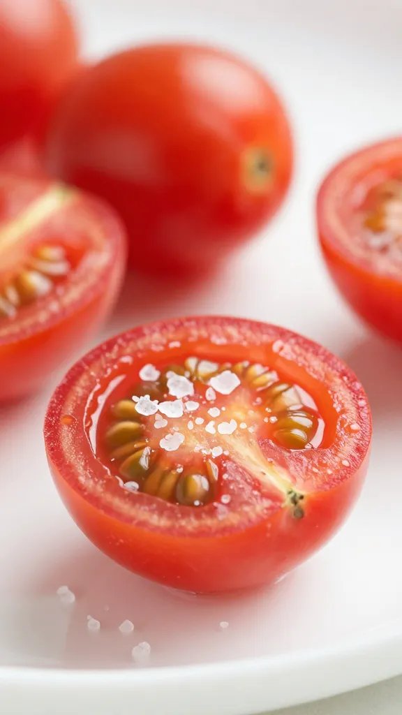 halved cherry tomato with sea salt crystals