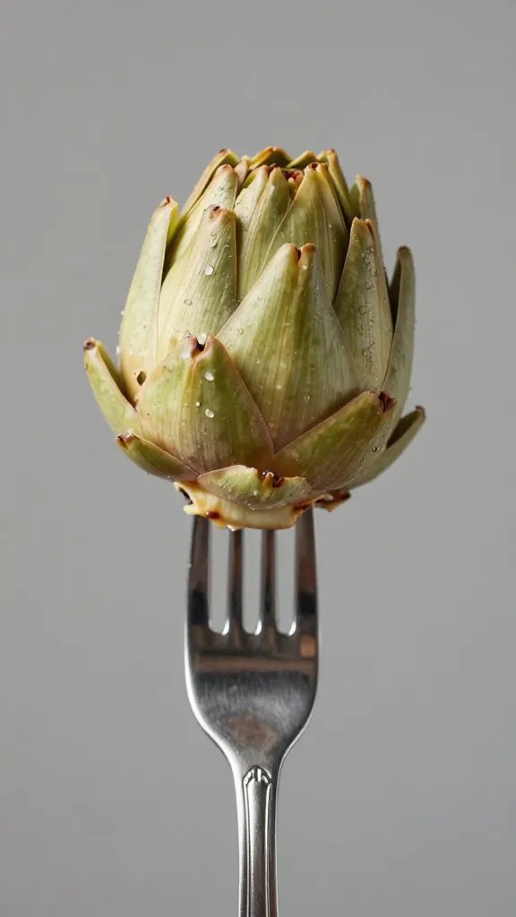 single marinated artichoke heart on fork