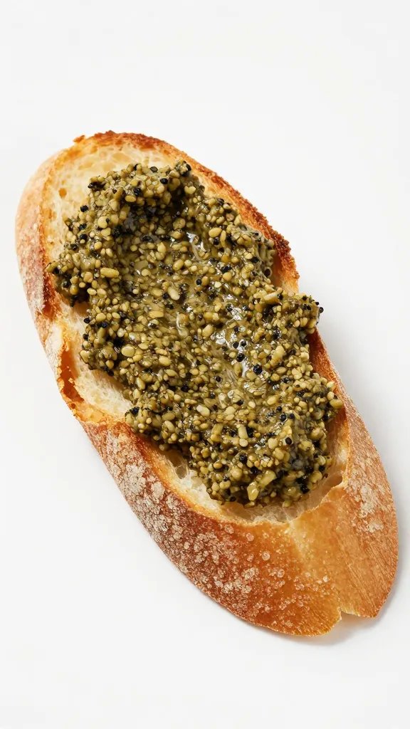 toasted baguette slice with tapenade spread, macro shot