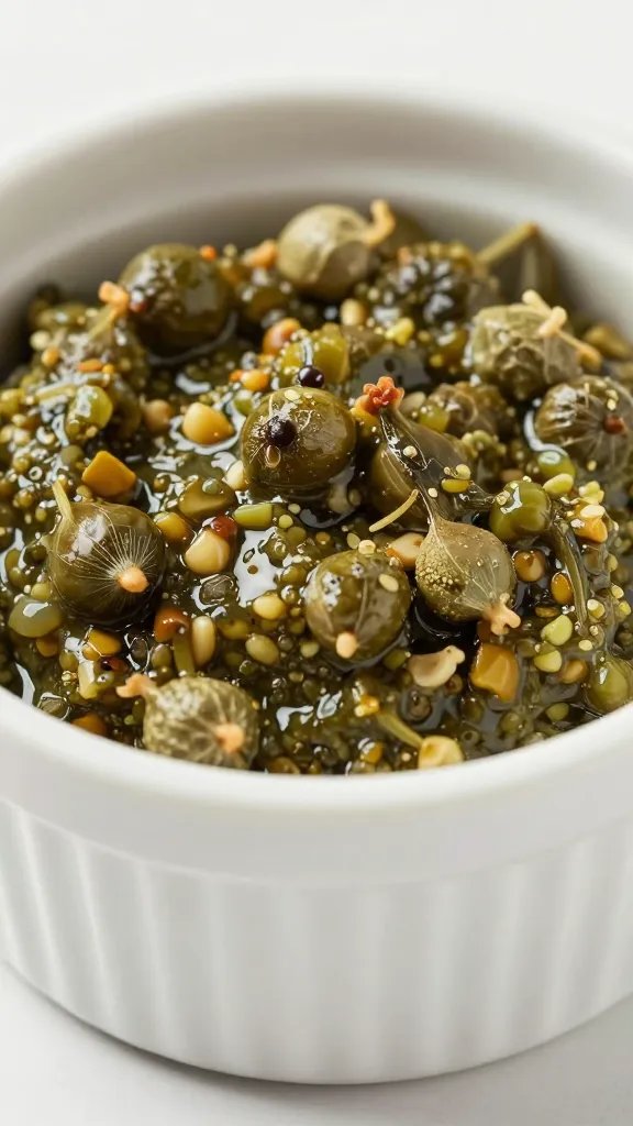 small ramekin of tapenade with visible capers, closeup