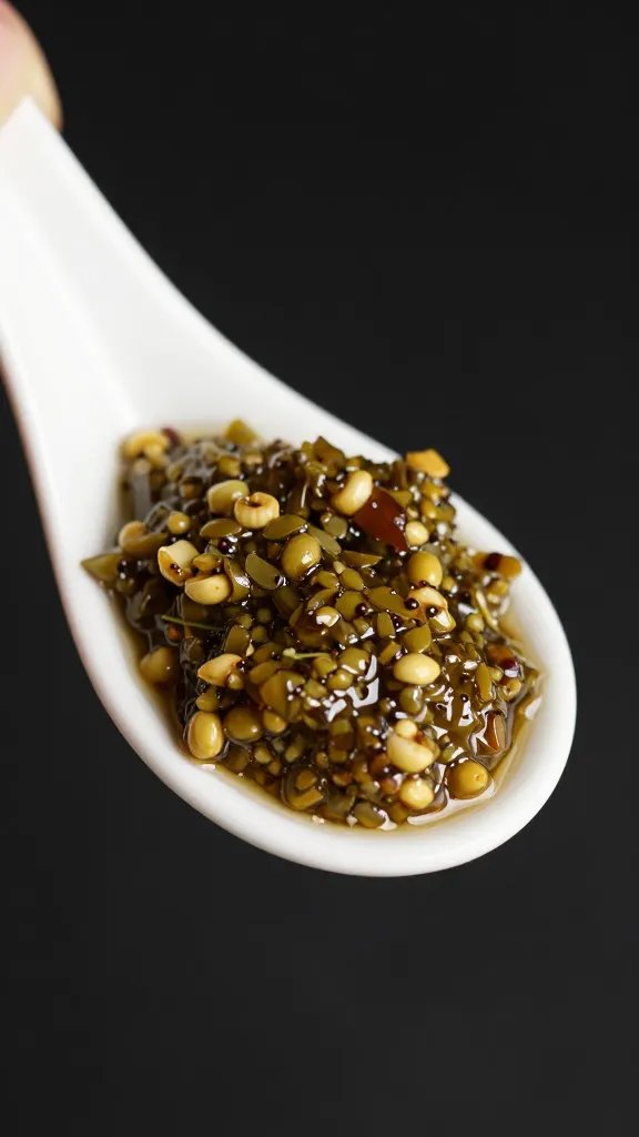 ceramic spoon holding garlicky olive tapenade, macro