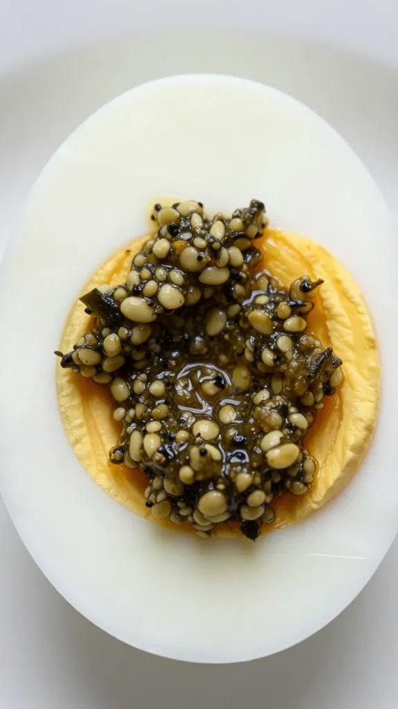 halved hard-boiled egg topped with tapenade, closeup