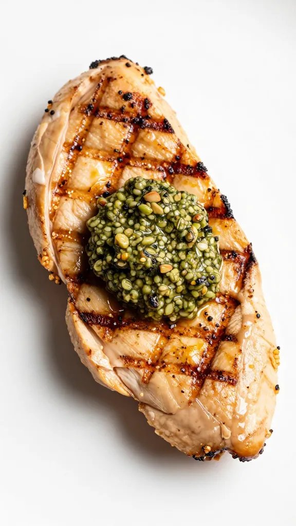 grilled chicken slice with tapenade dollop, tight shot