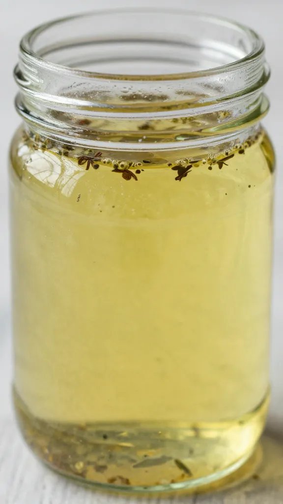 closeup jar of herb-infused bread dipping oil, natural light