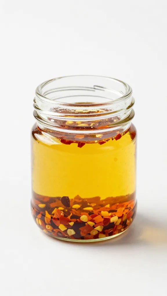 small glass jar with chili flakes in golden oil