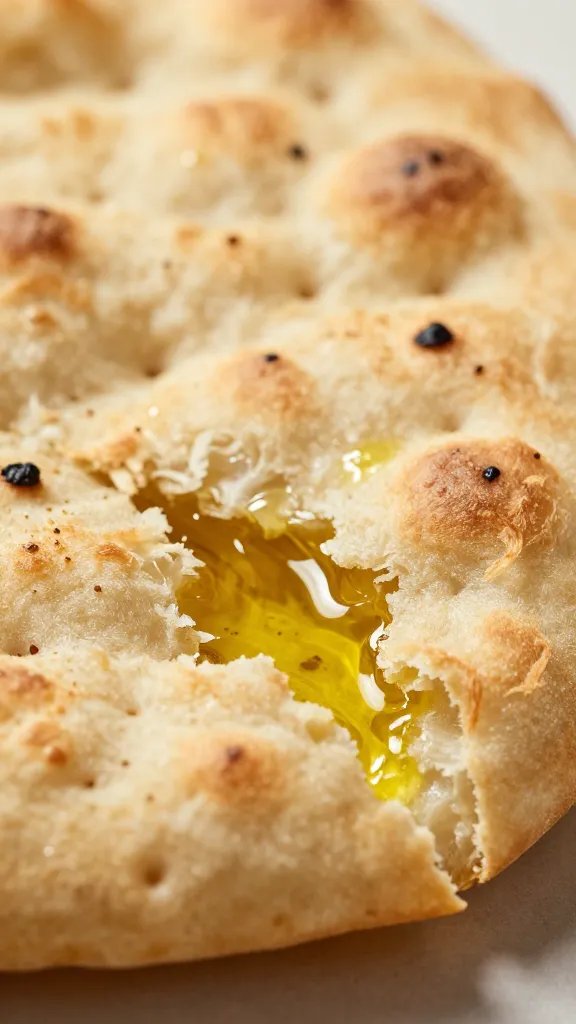 closeup of torn focaccia corner dipped in oil