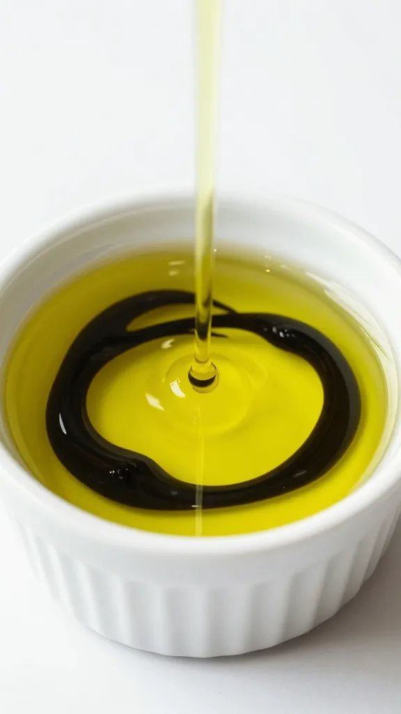white ramekin of balsamic-swirled olive oil